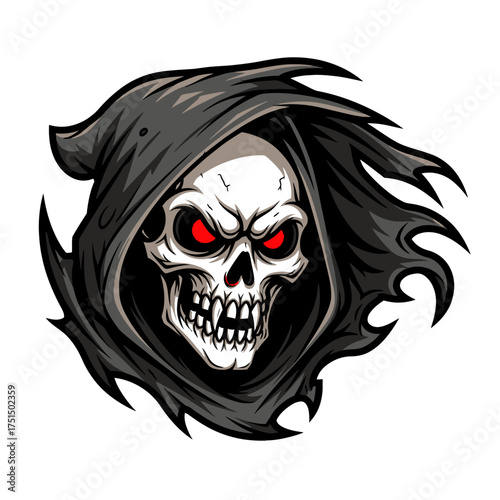 Intense Grim Skull with Fiery Red Eyes and Dark Shroud - Sinister Vector Illustration for Gaming and Horror Themes
