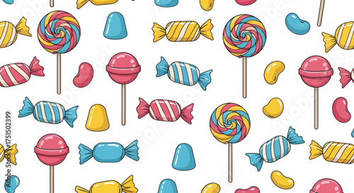A colorful, assorted pattern of sweet candies, lollipops and jellies displayed. It's a mouthwatering image for sweet tooth!