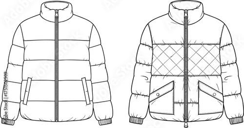 Puffer jacket, quilted coat, high collar, ribbed cuffs, flap pockets, fashion sketch, outerwear design, vector template, garment CAD, cad drawing flat vector illustration