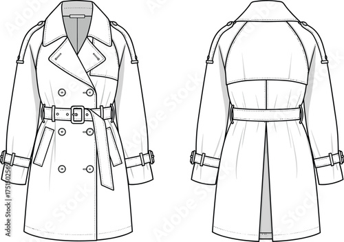 Trench coat, double breasted, belted waist, notched lapel, shoulder epaulets, fashion sketch, outerwear design, vector template, garment CAD, cad drawing flat vector illustration