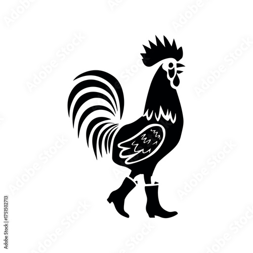 Stylized black rooster with tall boots walks confidently against white background