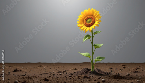 Single Sunflower Blooming with Green Leaves Agains