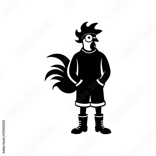 Stylized black and white cartoon rooster standing confidently with hands in pockets