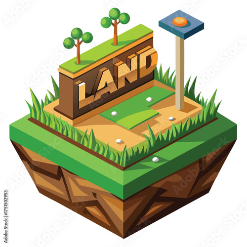3D Land Sign Against Lawn on Cubicle Soil and Geology Concept Vector Illustration