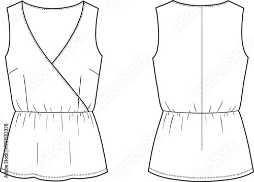 Women sleeveless wrap top, fashion flat sketch, blouse technical drawing, vector illustration for apparel design, CAD garment template, sewing pattern, editable file