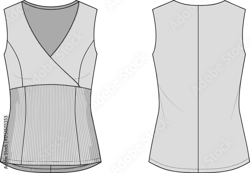 Women sleeveless wrap top flat sketch, fashion CAD drawing, technical clothing design template, vector apparel illustration, front and back view