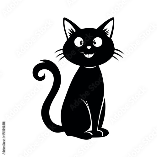 Whimsical black cat illustration with a playful smile and curly tail