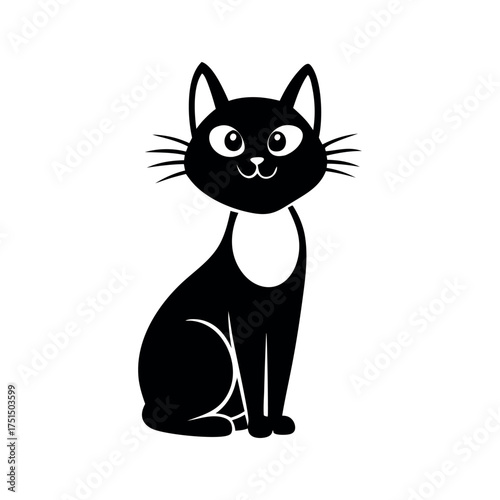 Whimsical black cat with big eyes and white chest sitting pretty
