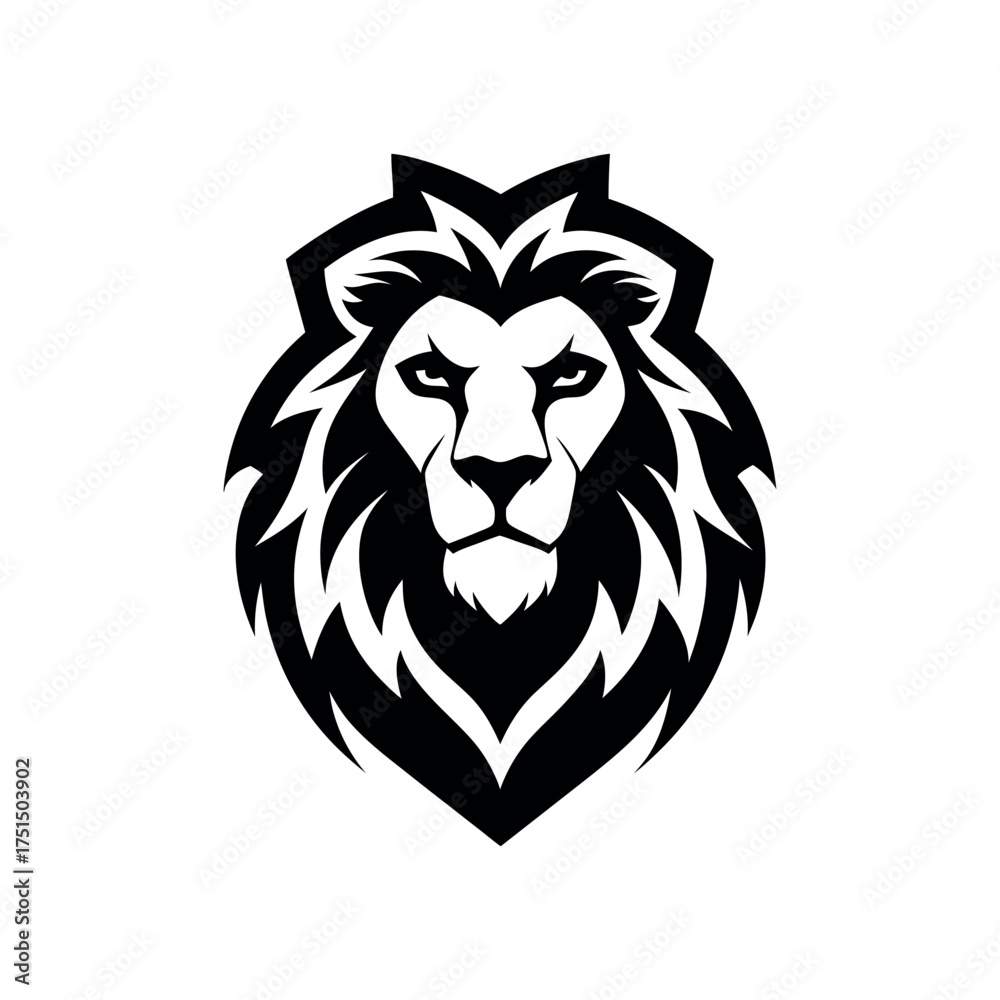 Fototapeta premium Bold black and white lion head emblem with fierce expression