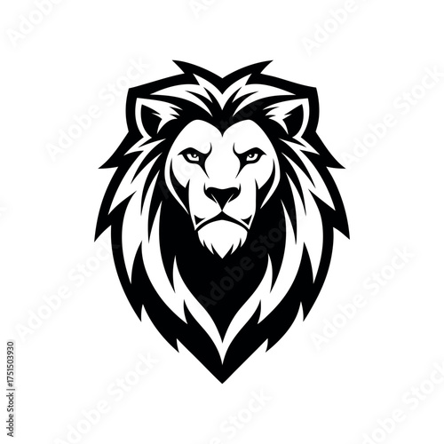 Fierce black and white lion head logo design with majestic mane