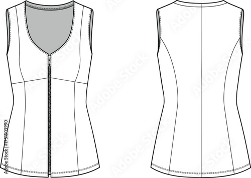 Women’s zip front sleeveless top flat sketch, fashion technical drawing, vector apparel design, front and back view, blouse CAD illustration, sewing pattern