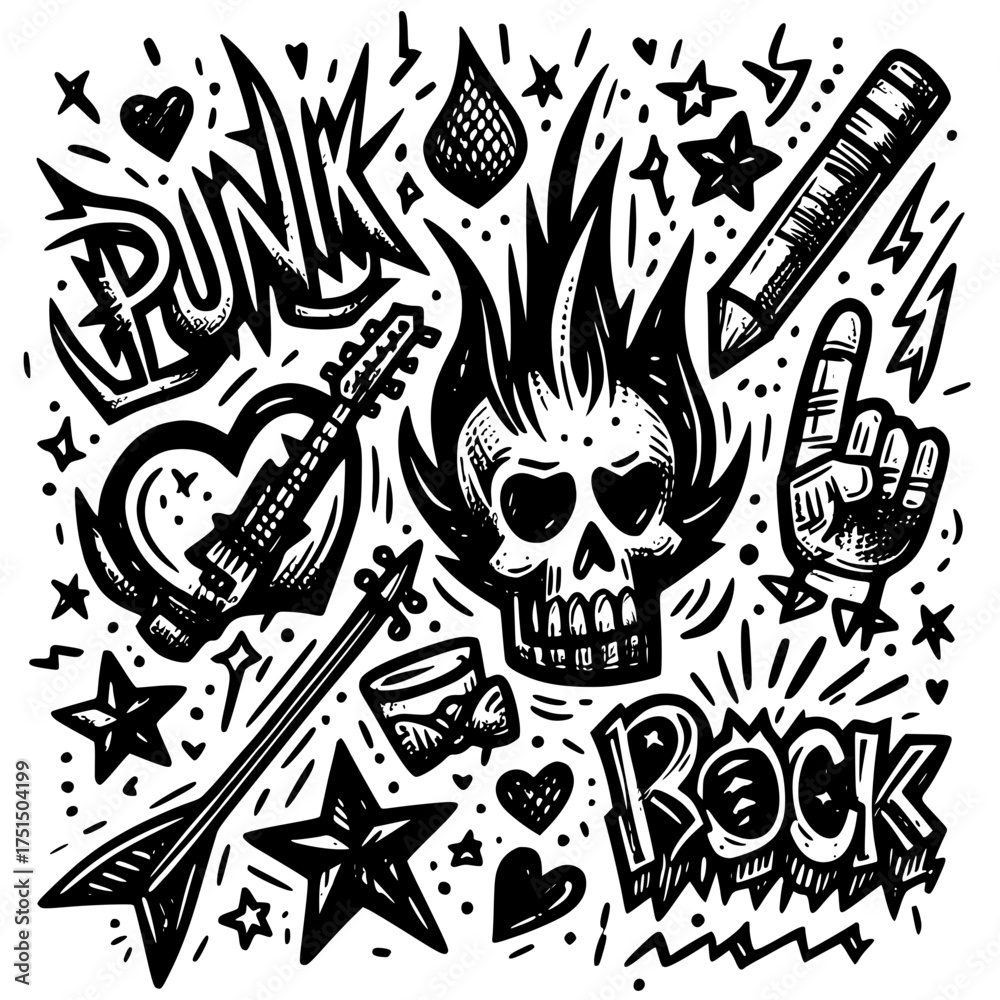 Fototapeta premium Punk Rock Symbols in Motion, dynamic black-and-white illustration bursting with punk rock energy featuring a spiky-haired skull, bold “PUNK” and “ROCK” lettering, a heart-shaped guitar, and ised hand