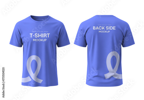 Front and Back View of Blue Crew Neck Men's T-Shirt PSD Mockup