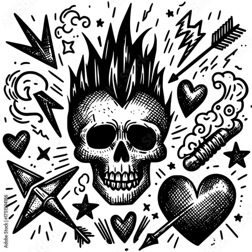 Punk Icons in Smoke and Motion, bold black-and-white illustration centered on a mohawked skull surrounded by arrows, hearts, lightning bolts, and a smoking object