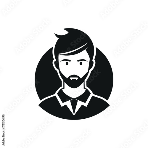 Stylized black and white icon of a bearded man in a collared shirt