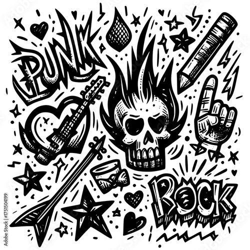 Punk Rock Symbols in Motion, 
dynamic black-and-white illustration bursting with punk rock energy featuring a spiky-haired skull, bold “PUNK” and “ROCK” lettering, a heart-shaped guitar, and ised hand