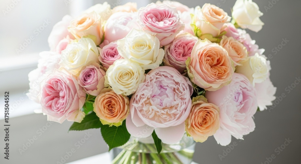 Obraz premium Elegant bouquet of pastel roses in soft natural light