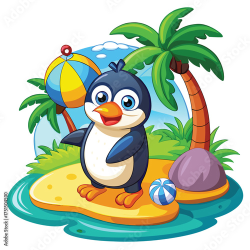 Cartoon Penguin with Beach Ball on Tropical Island Vector Illustration