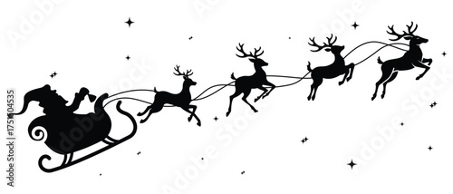 Vector Christmas element. Santa Claus on sleigh with gift bag and his reindeers. Merry Christmas decoration.