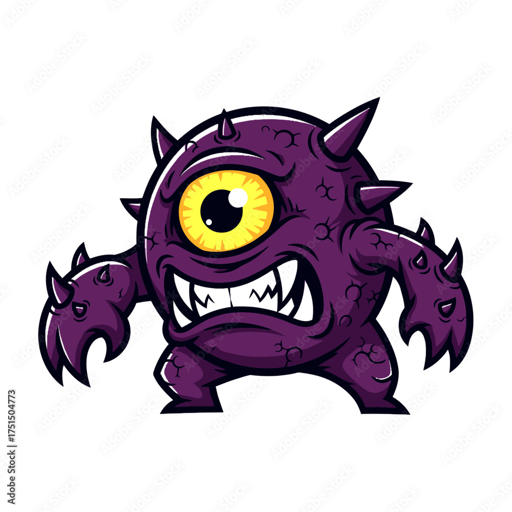 Fototapeta premium Spiky Purple One-Eyed Monster Cartoon Character with Sharp Teeth