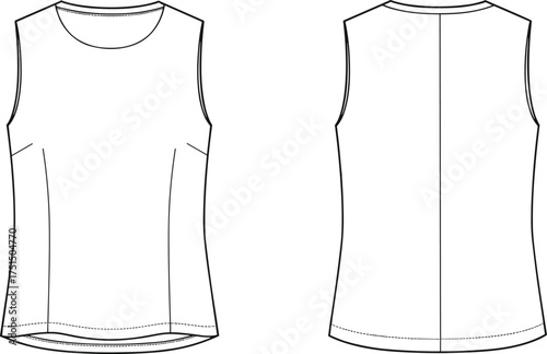 Cad drawing flat vector illustration, sleeveless women basic top technical sketch, simple fashion design template, apparel flat outline design
