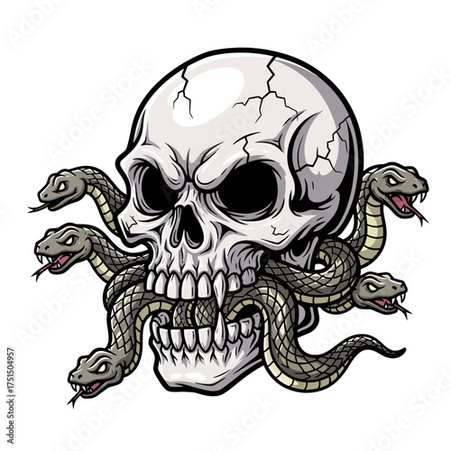 Skull with Multiple Snakes Emerging from its Mouth and Eyes, Sinister Symbol