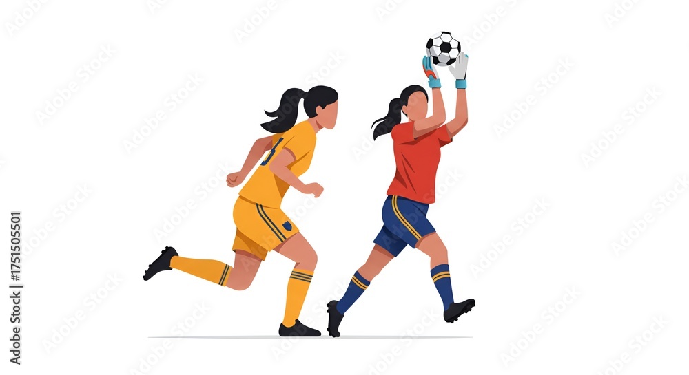 Obraz premium Two female soccer players in action, one running and another catching the ball, sporty flat design