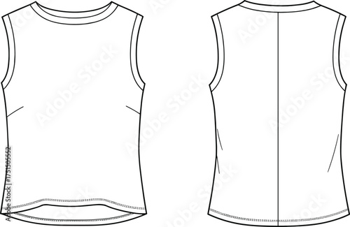 Cad drawing flat vector illustration, sleeveless tank top design, women fashion flat sketch, round neck apparel technical template design