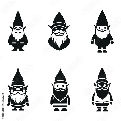 Collection of six distinct black and white gnome illustrations in a grid format