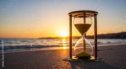 Time's Gentle Passage: A classic hourglass stands poised on a sun-kissed beach, its granular contents slowly descending against the serene backdrop of a sunset over the ocean.