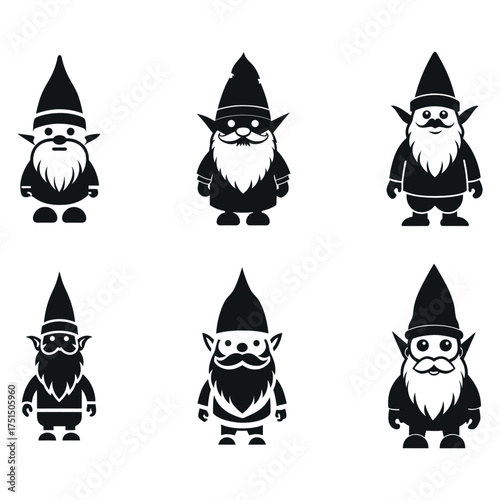 Six black and white cartoon gnomes with pointed hats and beards