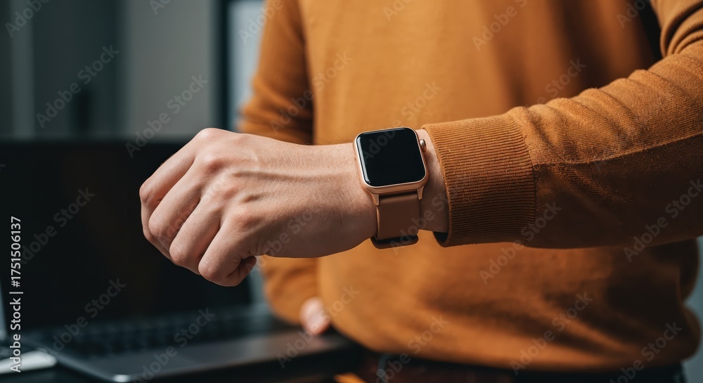 Obraz premium Wristwatch Time Check: A person's wrist is featured with a modern smartwatch, and they're looking at the screen on it, representing time monitoring, productivity.