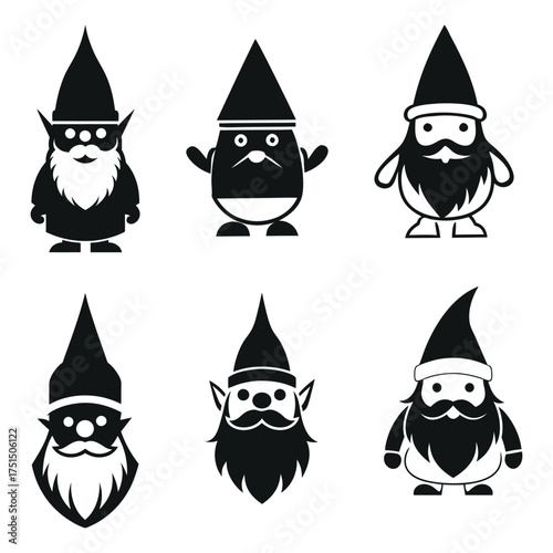 Six silhouettes of cute cartoon gnomes with pointed hats and beards