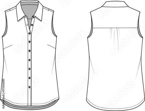 Cad drawing flat vector illustration, women sleeveless button down shirt with collar and curved hem, detailed fashion flat sketch