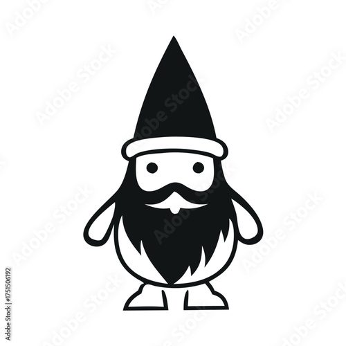 Charming black and white cartoon gnome with a big beard and hat
