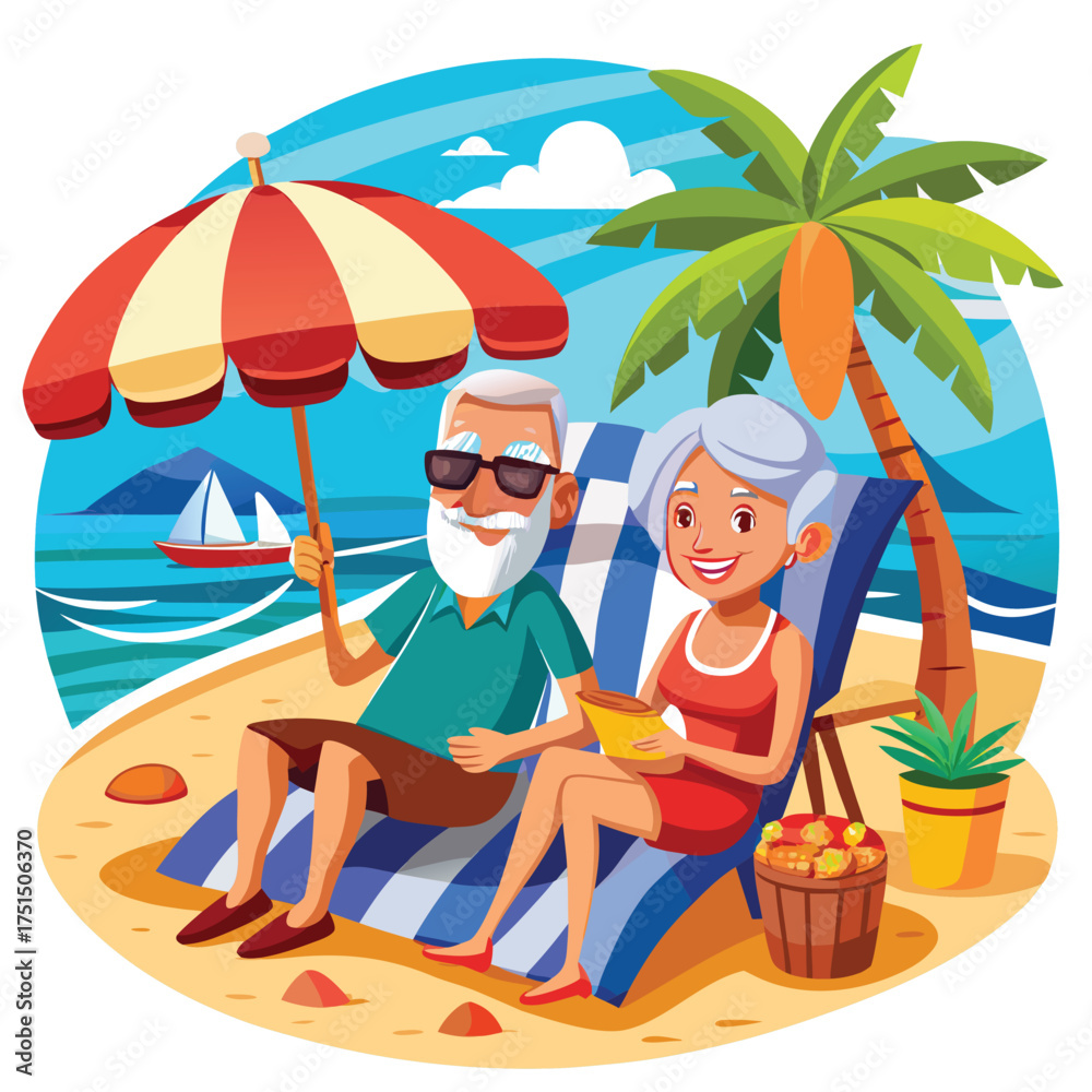 Obraz premium Elderly couple relaxing on beach summer vacation vector illustration