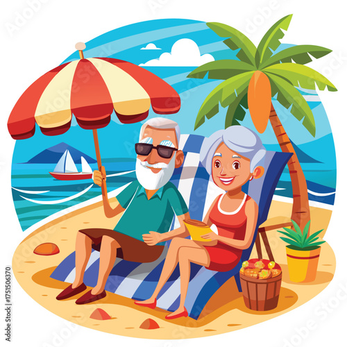 Elderly couple relaxing on beach summer vacation vector illustration