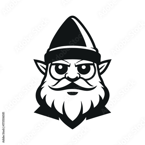 Grumpy gnome with pointed hat and bushy beard black and white