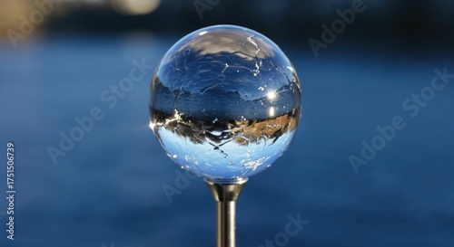 Crystal Ball Illusion: A close-up shot reveals a clear crystal ball, its surface delicately capturing and inverting the serene scene of a tranquil waterscape.
