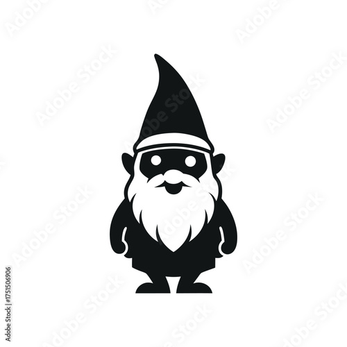 Whimsical black silhouette of a friendly gnome with a long white beard