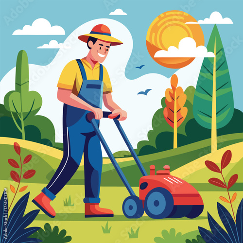 Gardener mowing the lawn with grass cutter machine on sunny day in green backyard Vector Illustration