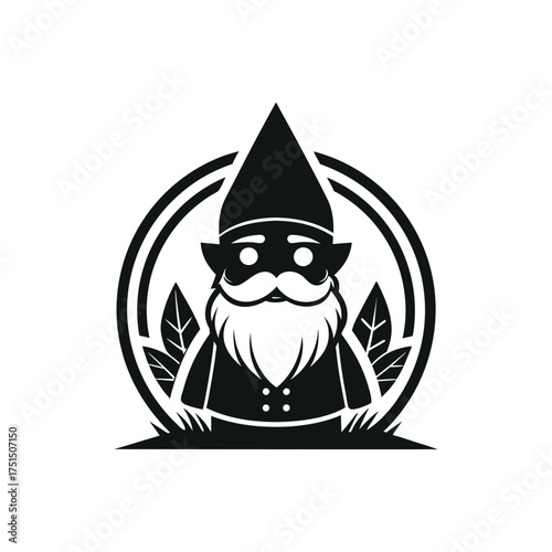 Whimsical gnome illustration with leafy accents and circular border