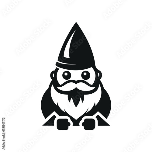 Charming black and white illustration of a friendly gnome peeking over a surface