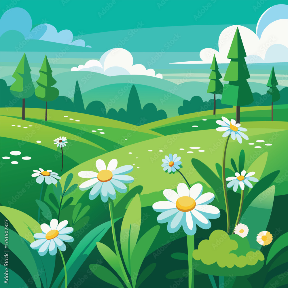 Fototapeta premium Green meadow with daisies under blue sky representing spring nature Vector Illustration