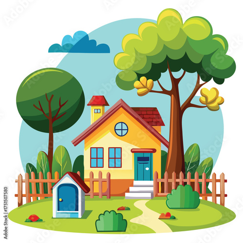 House fence tree design showing suburban neighborhood landscape Vector Illustration