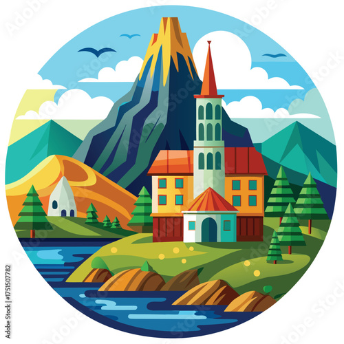 Iceland landmark travel scene with mountains glaciers and lighthouse Vector Illustration