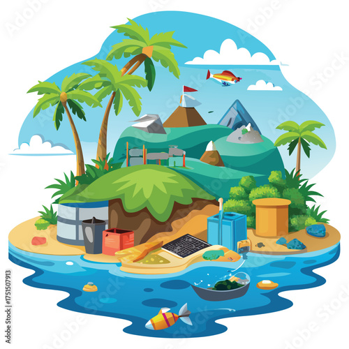 Island trash pollution awareness poster showing waste in ocean Vector Illustration