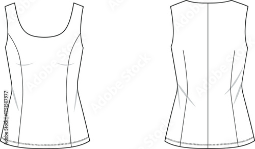 Cad drawing flat vector illustration, women sleeveless scoop neck tank top fashion sketch, front and back view technical template