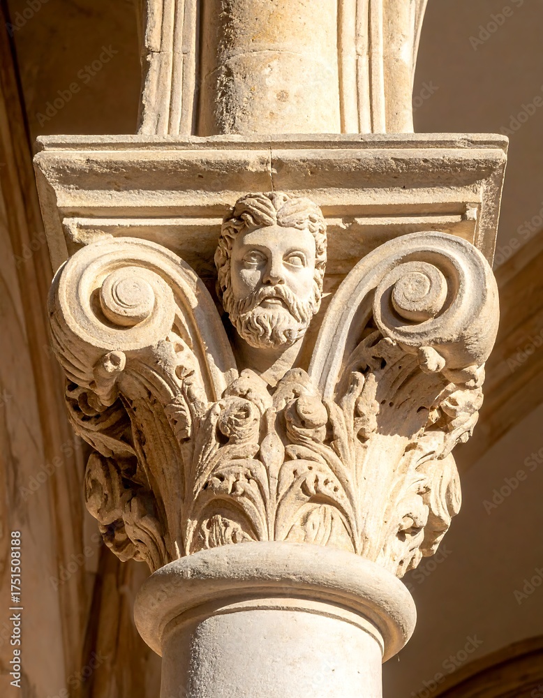 Naklejka premium Ornate column capital with carved face and foliage