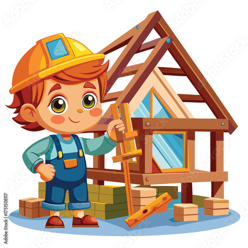 Kid builder constructing timber frame house with tools and helmet Vector Illustration